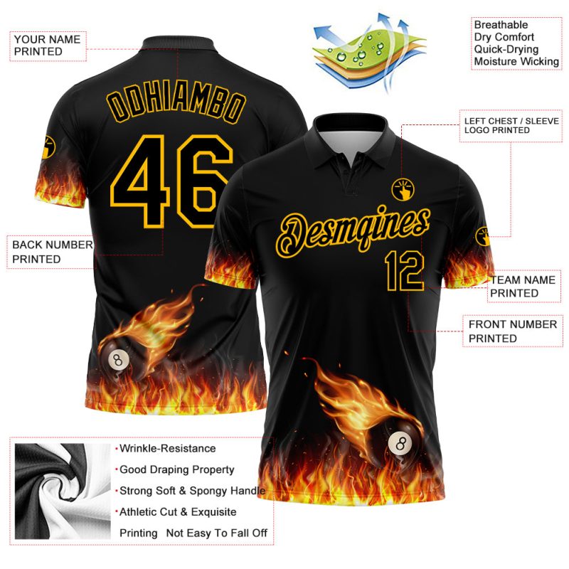 Custom 3D Flame Billiards 8 Ball Polo Shirt Personalized Black Yellow Design with Name and Number Personalized Black Yellow