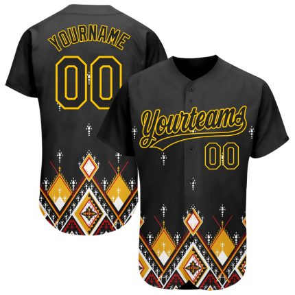 Custom African Ethnic Style 3D Pattern Baseball Jersey - Personalized Black Yellow Team Name & Number Personalized Black