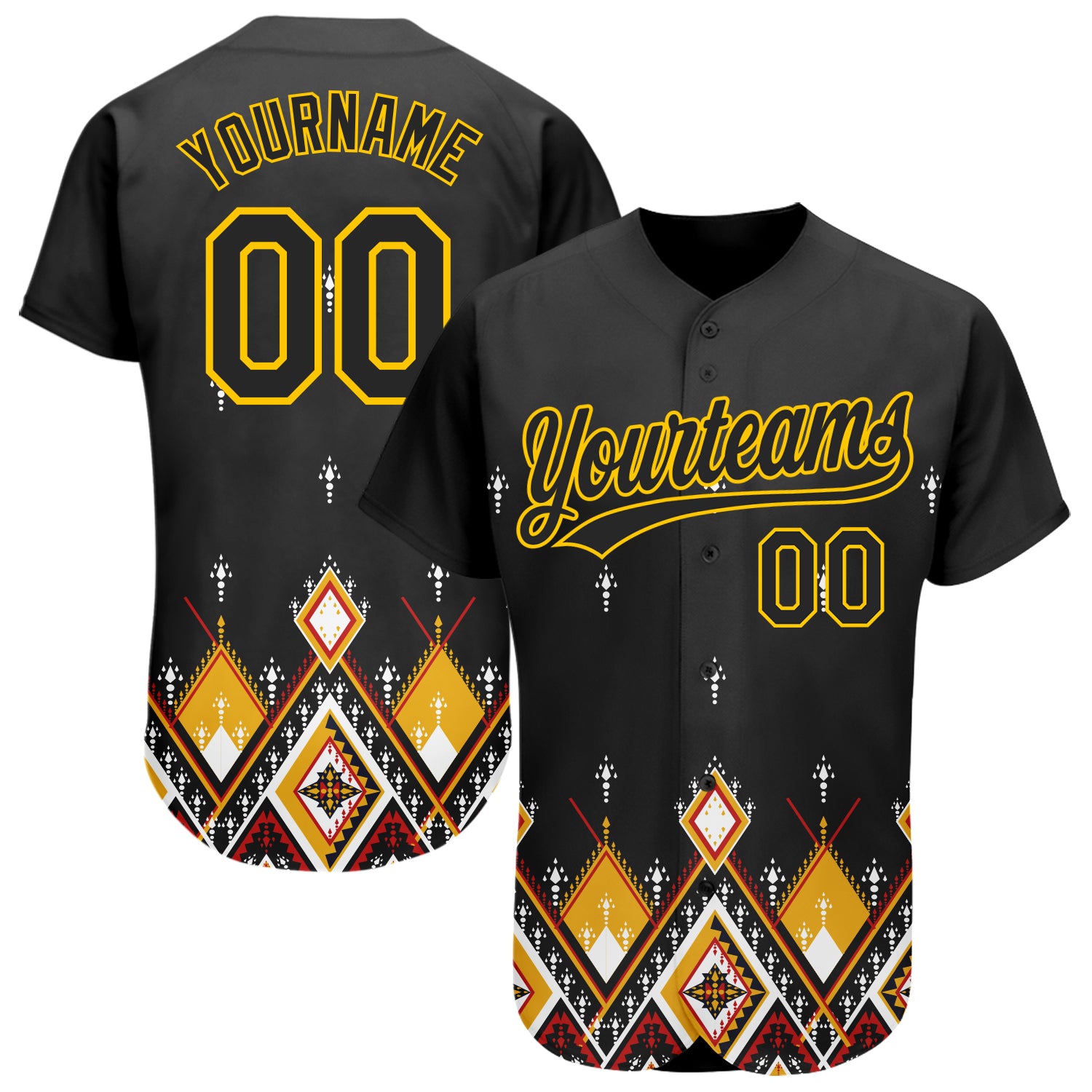 Custom African Ethnic Style 3D Pattern Baseball Jersey - Personalized Black Yellow Team Name & Number Personalized Black