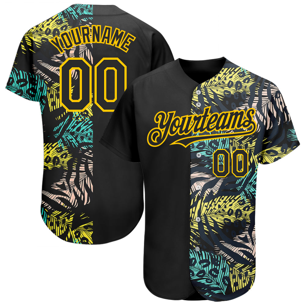 Personalized Hawaii Tropical Palm Leaves Animal Print Authentic Baseball Jersey Custom Name Number 3D Black Yellow Design