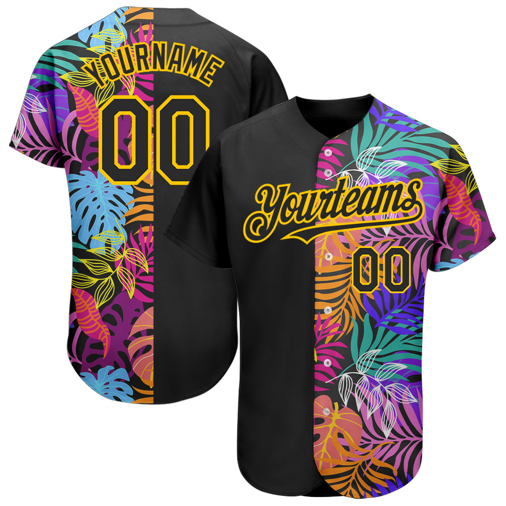 Personalized Hawaii Tropical Palm Trees 3D Pattern Black Yellow Baseball Jersey Custom Name and Number Personalized Black