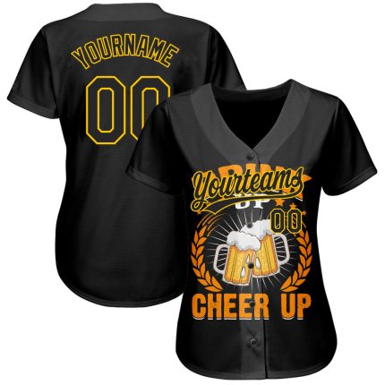 Personalized 3D Pattern Black Yellow Baseball Jersey for International Beer Day Personalized Black Yellow 3D Pattern Design