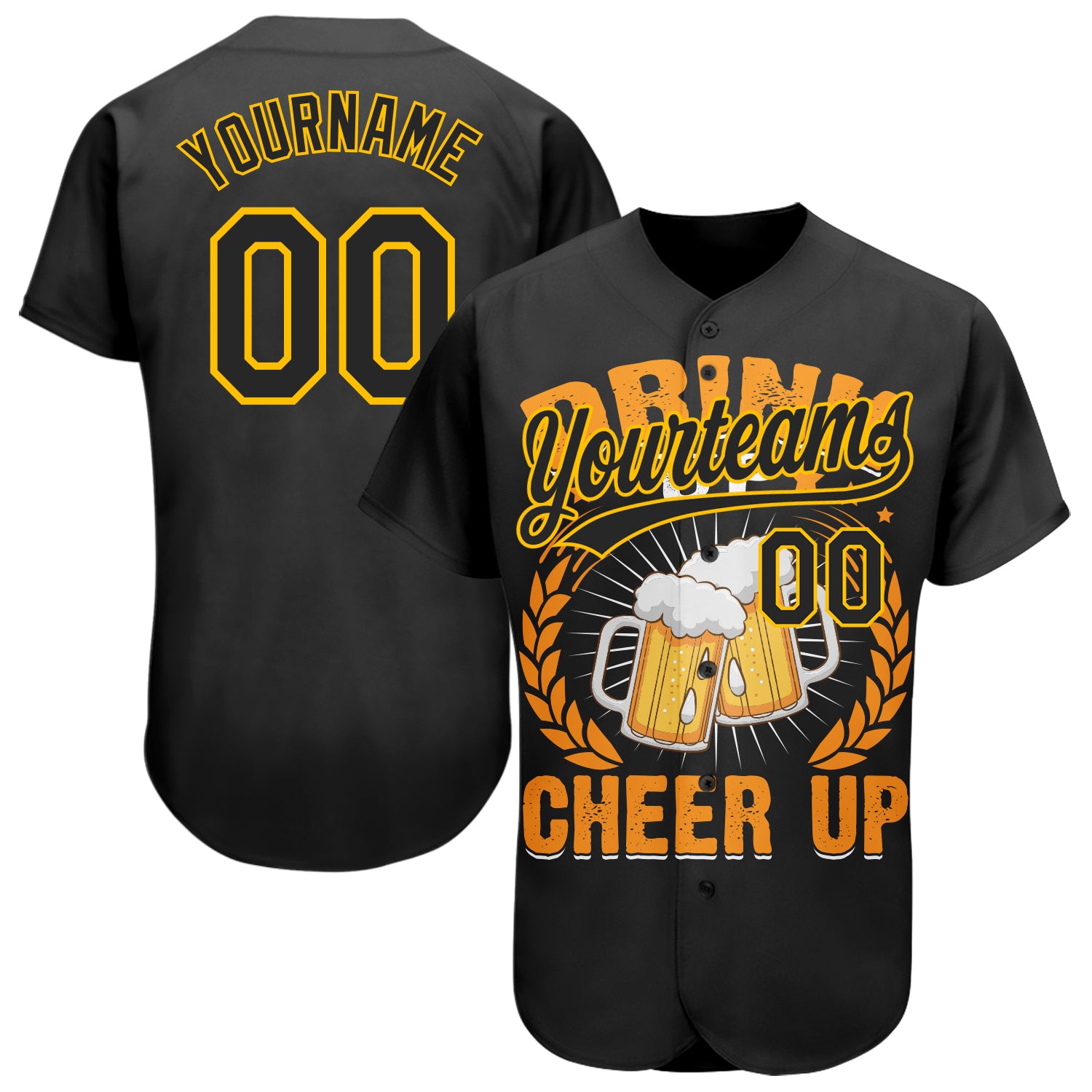 Personalized 3D Pattern Black Yellow Baseball Jersey for International Beer Day Personalized Black Yellow 3D Pattern Design