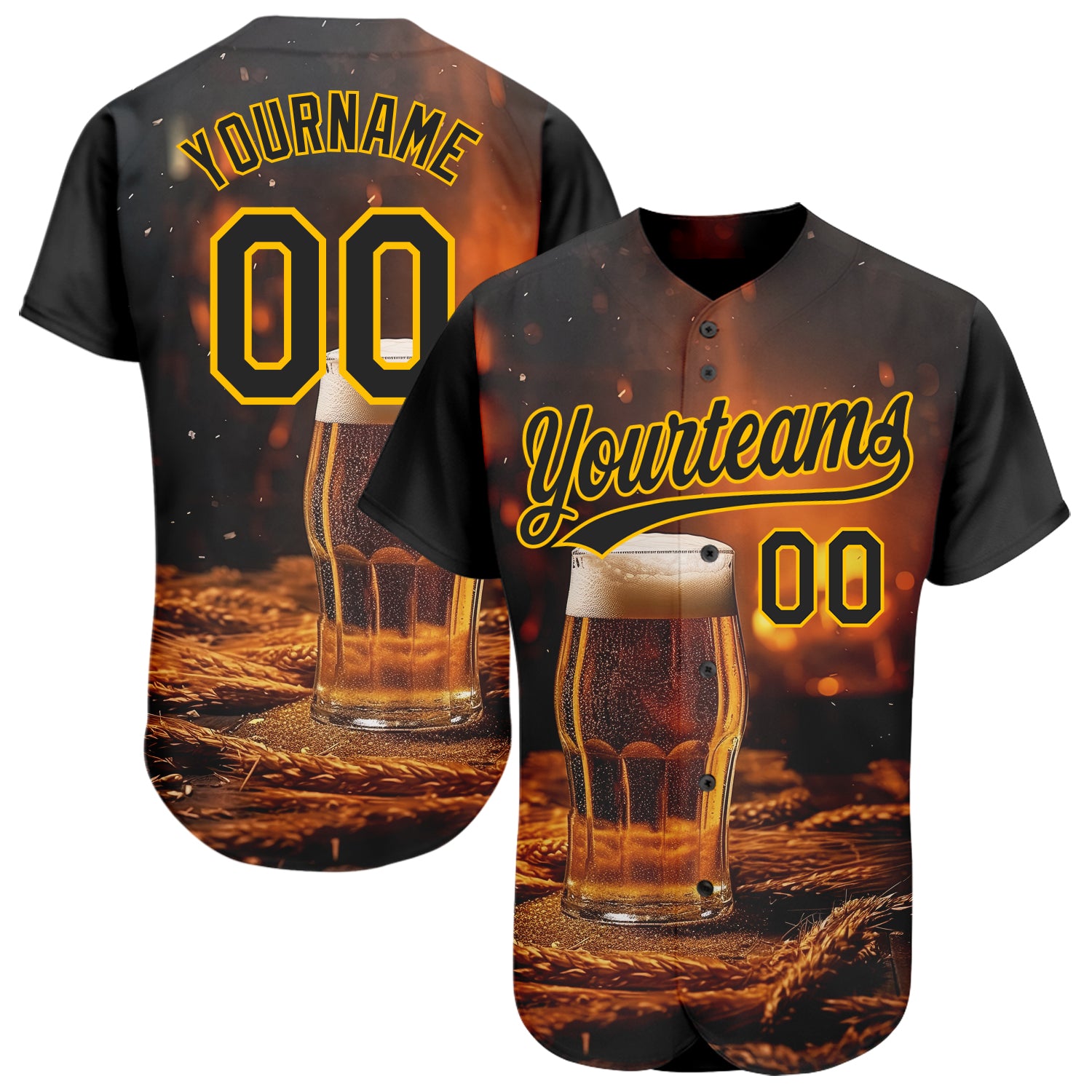 Custom International Beer Day Baseball Jersey - Personalized Black Yellow 3D Pattern, Team Name & Number Personalized Black