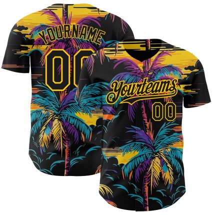 Personalized 3D Tropical Hawaii Palm Trees Baseball Jersey with Custom Name and Number - Black Yellow Design Personalized
