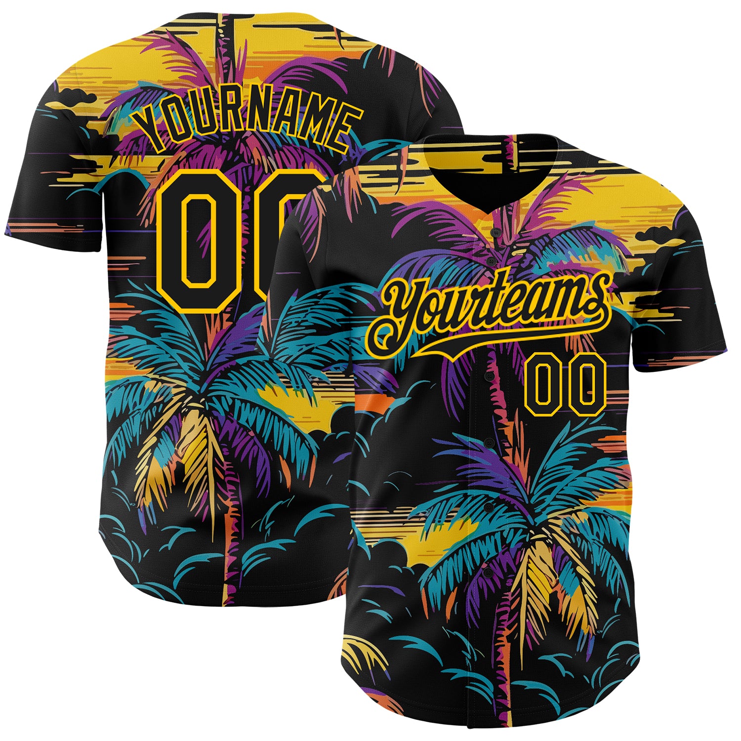 Personalized 3D Tropical Hawaii Palm Trees Baseball Jersey with Custom Name and Number - Black Yellow Design Personalized