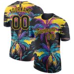 Custom Tropical Hawaii Palms Trees Performance T-Shirt with 3D Black Yellow Pattern, Personalized Team Name and Number Personalized