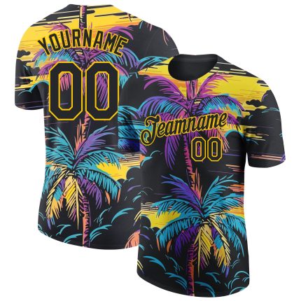 Custom Tropical Hawaii Palms Trees Performance T-Shirt with 3D Black Yellow Pattern, Personalized Team Name and Number Personalized