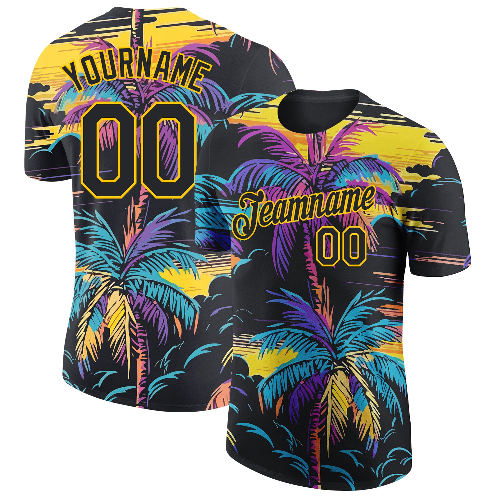 Custom Tropical Hawaii Palms Trees Performance T-Shirt with 3D Black Yellow Pattern, Personalized Team Name and Number Personalized