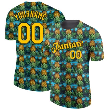Custom Tropical Pineapple Performance T-Shirt with Personalized Name & Number, Black Yellow 3D Pattern Design Personalized
