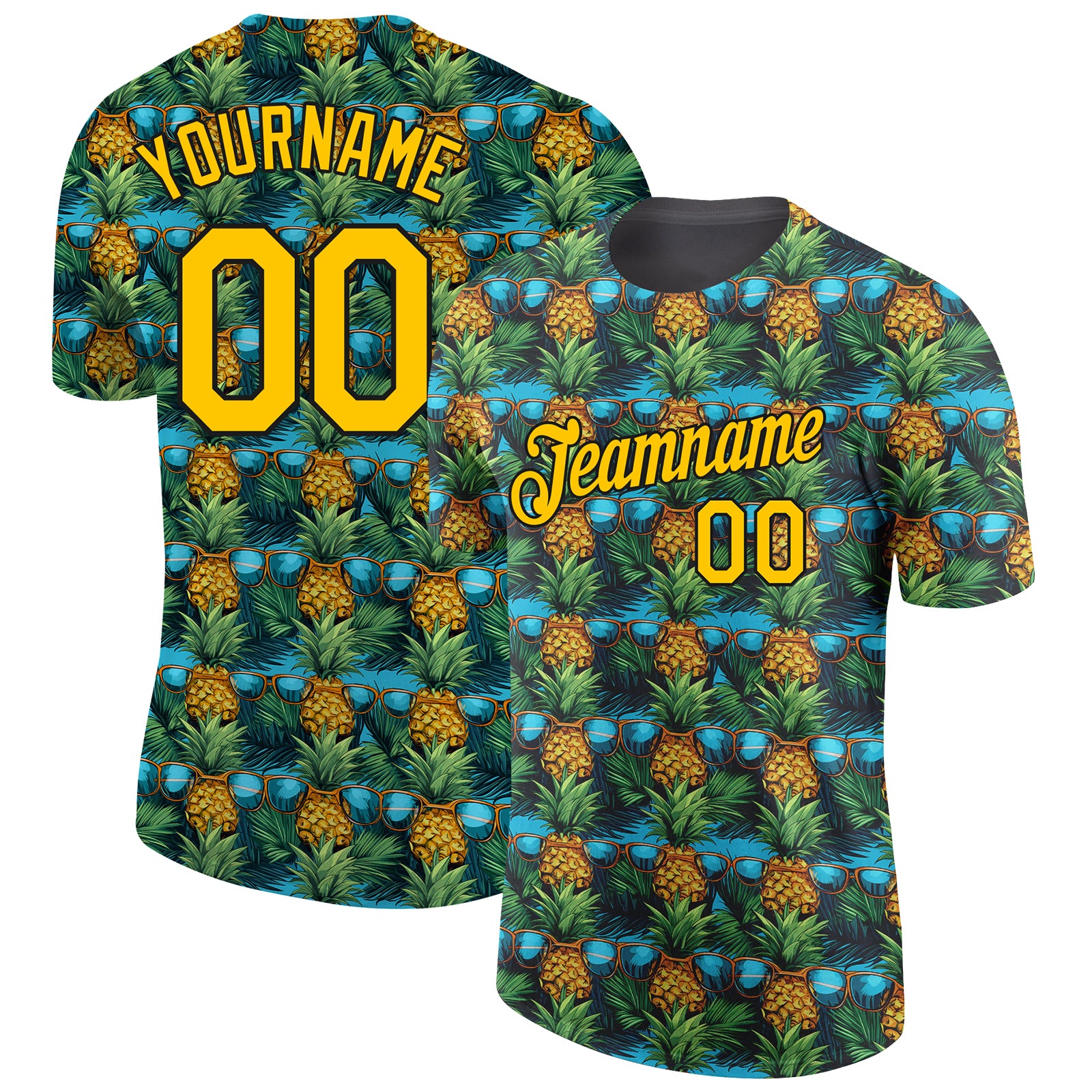 Custom Tropical Pineapple Performance T-Shirt with Personalized Name & Number, Black Yellow 3D Pattern Design Personalized