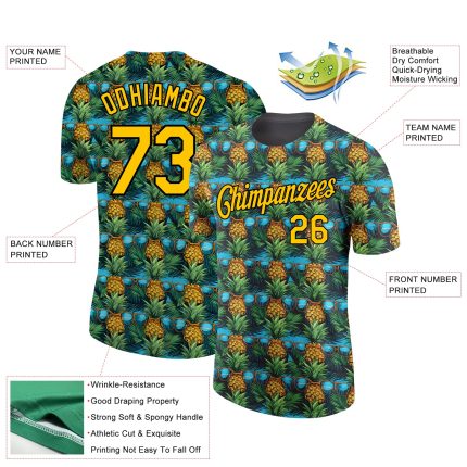 Custom Tropical Pineapple Performance T-Shirt with Personalized Name & Number, Black Yellow 3D Pattern Design Personalized