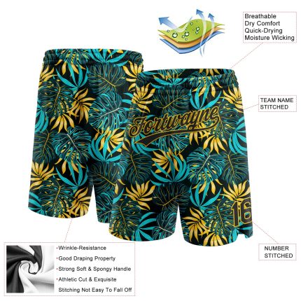 Custom 3D Pattern Basketball Shorts with Tropical Plants, Personalized Team Name & Number in Black and Yellow Personalized