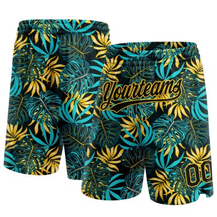 Custom 3D Pattern Basketball Shorts with Tropical Plants, Personalized Team Name & Number in Black and Yellow Personalized