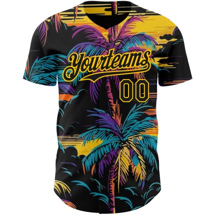 Personalized 3D Tropical Hawaii Palms Trees Baseball Jersey in Black Yellow Personalized Black Yellow 3D Tropical Hawaii