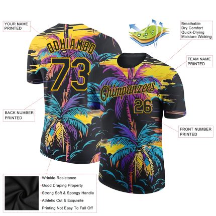 Personalized 3D Tropical Hawaii Palms Trees T-Shirt in Black and Yellow Performance Material Personalized Black Yellow 3D