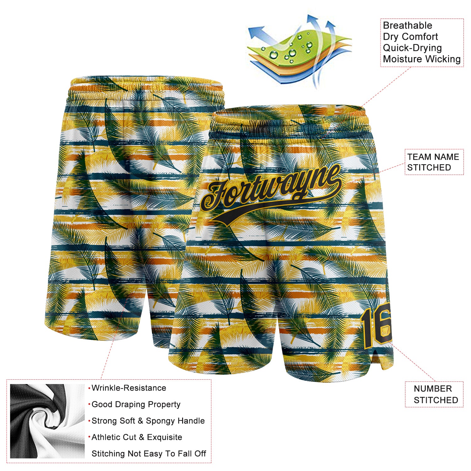 Personalized Black Yellow-Midnight Green 3D Hawaii Palm Leaves Basketball Shorts Personalized 3D Basketball Shorts with Black Yellow and Midnight Green Hawaii Palm Leaves Design Personalized Black Yellow-Midnight - Image 2