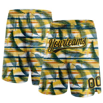 Custom Name Number Hawaii Palm Leaves Basketball Shorts 3D Pattern Black Yellow Midnight Green Personalized Black Yellow-Midnight