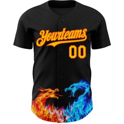Custom Fire Dragon 3D Pattern Baseball Jersey - Personalized Black Yellow-Orange Design with Name and Number Personalized