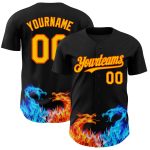 Custom Fire Dragon 3D Pattern Baseball Jersey - Personalized Black Yellow-Orange Design with Name and Number Personalized