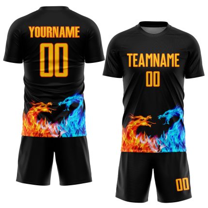Personalized Dragon Flame Soccer Jersey - Black Yellow Orange Sublimation Uniform Personalized Black Yellow-Orange Dragon