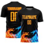 Custom Soccer Jersey with Personalized Name & Number - Black Yellow-Orange Dragon Flame Design Personalized Black Yellow-Orange