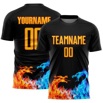 Custom Soccer Jersey with Personalized Name & Number - Black Yellow-Orange Dragon Flame Design Personalized Black Yellow-Orange