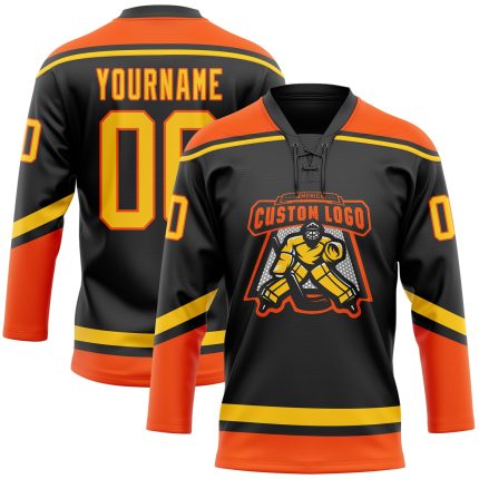 Custom Black Yellow Orange Hockey Lace Neck Jersey for Personalized Style Personalized Black Yellow-Orange Hockey Lace Neck
