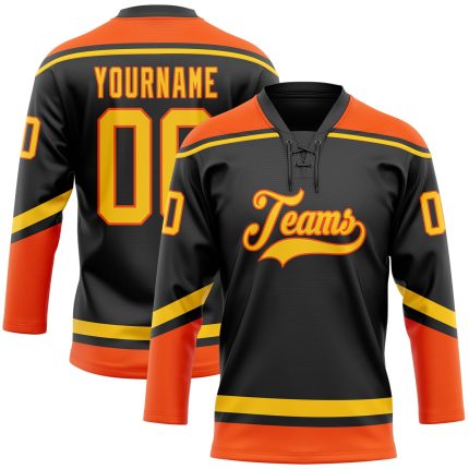 Custom Name and Number Personalized Hockey Jersey Black Yellow-Orange Lace Neck for Team Personalized Black Yellow-Orange