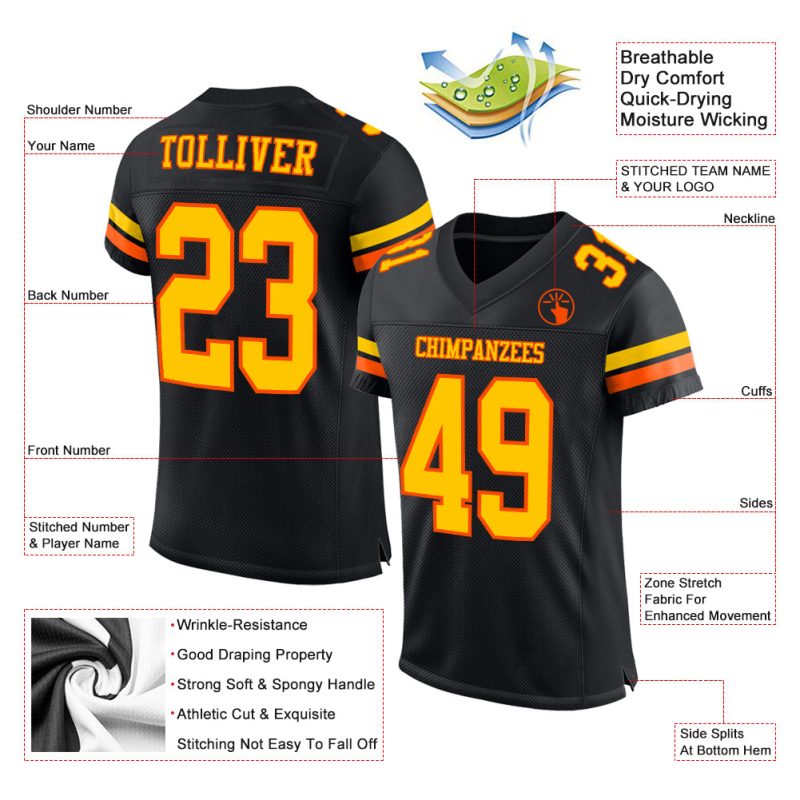 Custom Football Jersey with Personalized Name & Number, Black Yellow-Orange Mesh Authentic Design Personalized Black Yellow-Orange