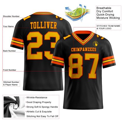 Personalized Black Yellow Orange Football Jersey, Custom Mesh Jersey 2 Personalized Black Yellow-Orange Mesh Football Jersey