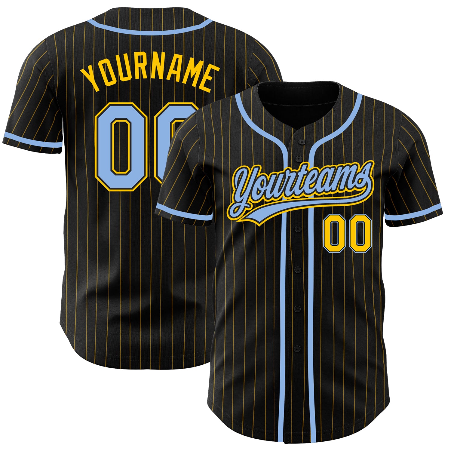Personalized Black Yellow Pinstripe Baseball Jersey Light Blue Color Personalized Black Yellow Pinstripe Light Blue Baseball