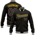 Custom Black Yellow Pinstripe Varsity Letterman Bomber Jacket Full-Snap Royal-White Personalized Black Yellow Pinstripe Royal-White