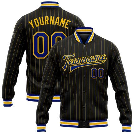 Custom Black Yellow Pinstripe Varsity Letterman Bomber Jacket Full-Snap Royal-White Personalized Black Yellow Pinstripe Royal-White