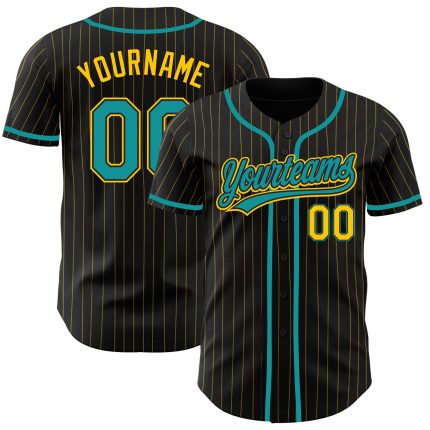 Personalized Teal Baseball Jersey with Black and Yellow Pinstripes Personalized Black Yellow Pinstripe Teal Baseball Jersey