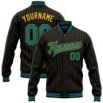 Personalized Teal Black Yellow Pinstripe Varsity Bomber Jacket Full-Snap Letterman Personalized Black Yellow Pinstripe Teal