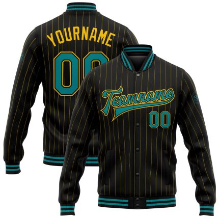 Personalized Teal Black Yellow Pinstripe Varsity Bomber Jacket Full-Snap Letterman Personalized Black Yellow Pinstripe Teal