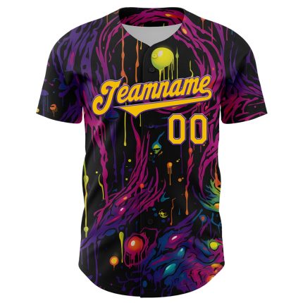 Personalized 3D Eye Baseball Jersey in Black Yellow-Purple for Rave Events Personalized Black Yellow-Purple 3D Rave Tree