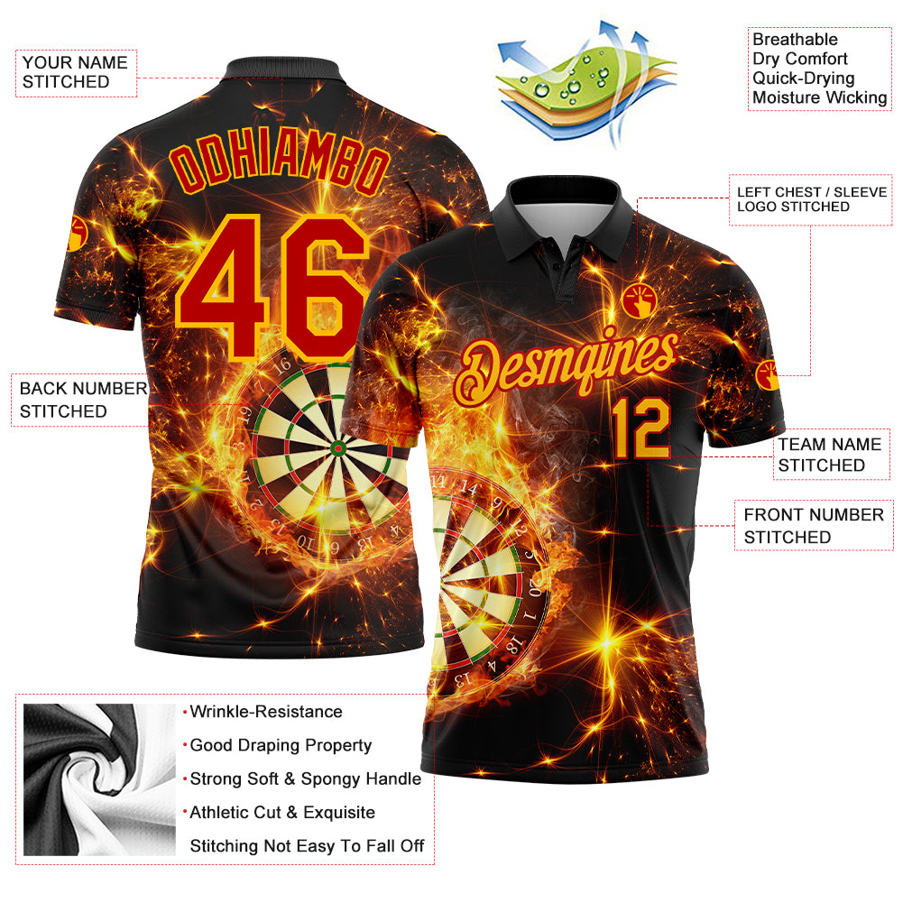 Personalized Flame Golf Polo Shirt - Black Yellow-Red 3D Design for Performance Personalized Black Yellow-Red 3D Flame Dart - Image 3