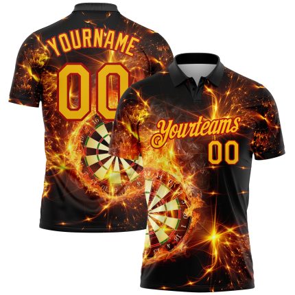 Personalized Flame Golf Polo Shirt - Black Yellow-Red 3D Design for Performance Personalized Black Yellow-Red 3D Flame Dart