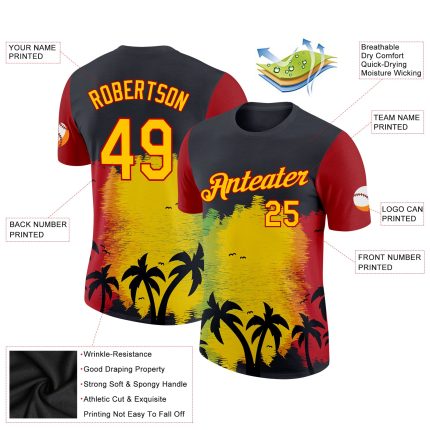 Personalized Black History Month T-Shirt with 3D Palm Trees Design, Custom Name & Number, Yellow-Red Team Performance Apparel