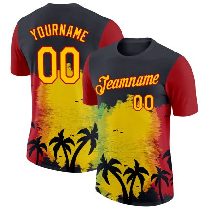 Personalized Black History Month T-Shirt with 3D Palm Trees Design, Custom Name & Number, Yellow-Red Team Performance Apparel