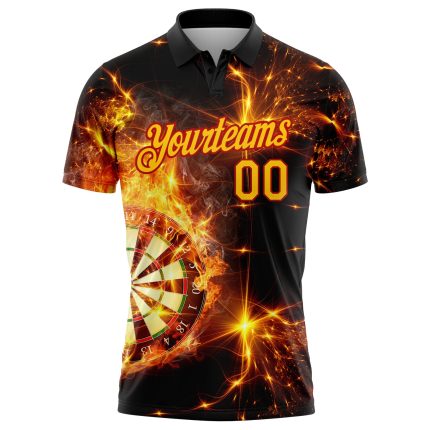 Custom Name Number Flame Dart Board Golf Polo Shirt Black Yellow Red 3D Pattern Design Performance Team Apparel Personalized