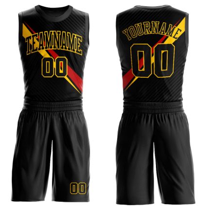 Custom Basketball Jersey with Personalized Name and Number, Black Yellow-Red Diagonal Lines, Round Neck, Sublimation Suit