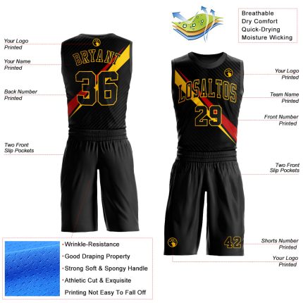 Custom Basketball Jersey with Personalized Name and Number, Black Yellow-Red Diagonal Lines, Round Neck, Sublimation Suit