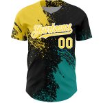 Personalized 3D Abstract Brush Stroke Baseball Jersey in Black Yellow Teal Personalized Black Yellow-Teal 3D Abstract Brush