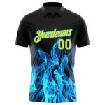 Personalized 3D Flame Golf Polo Shirt - Black Yellow Teal Performance Wear Personalized Black Yellow-Teal 3D Flame Performance