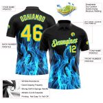 Personalized 3D Flame Golf Polo Shirt - Black Yellow Teal Performance Wear Personalized Black Yellow-Teal 3D Flame Performance