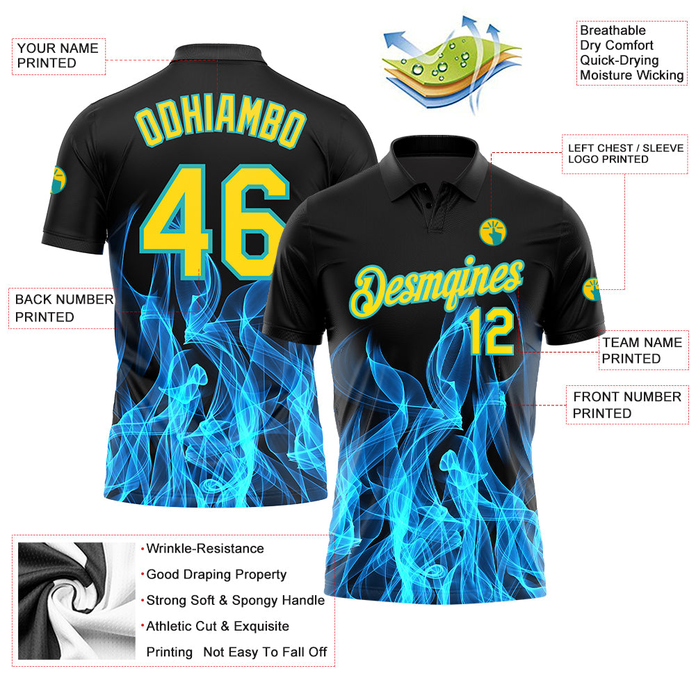 Personalized Black Yellow-Teal 3D Flame Performance Golf Polo Shirt Personalized 3D Flame Golf Polo Shirt - Black Yellow Teal Performance Wear Personalized Black Yellow-Teal 3D Flame Performance - Image 3