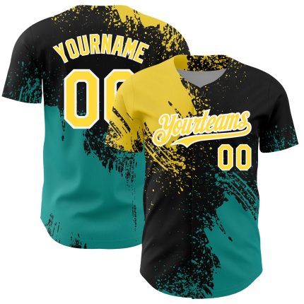 Personalized Abstract Brush Stroke Baseball Jersey with Custom Name & Number - Black Yellow Teal 3D Pattern Design Personalized
